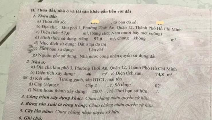 Bán nhà Huỳnh Thị Hai P. Tân Chánh Hiệp Q. 12, 2 tầng, giảm giá còn 2.x tỷ